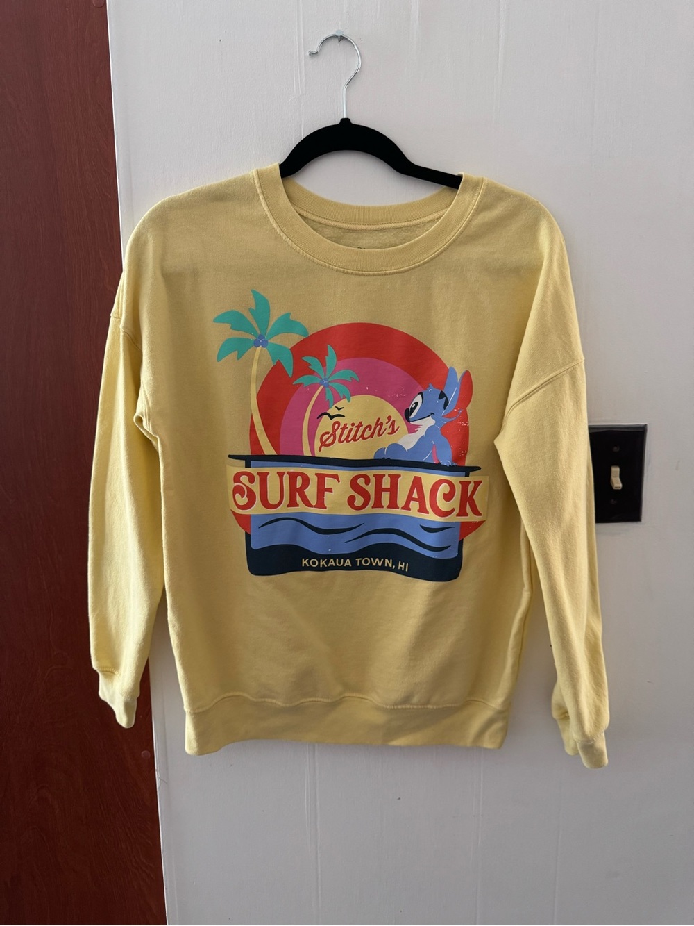 Disney Yellow Crewneck with Multicolor Surf Shack Graphic